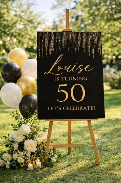Personalised BIRTHDAY WELCOME SIGN: Custom Milestone Birthday Board, Black & Gold Glitter Decoration