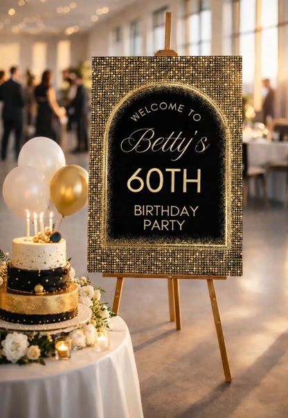 Personalised BIRTHDAY WELCOME Sign: Black Gold Glitter Foam Board Décor