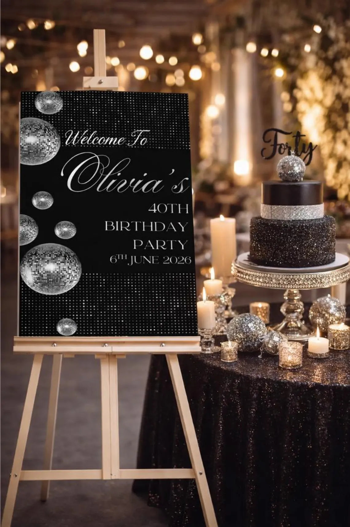 personalised birthday welcome sign: custom silver & black glitter ball birthday board