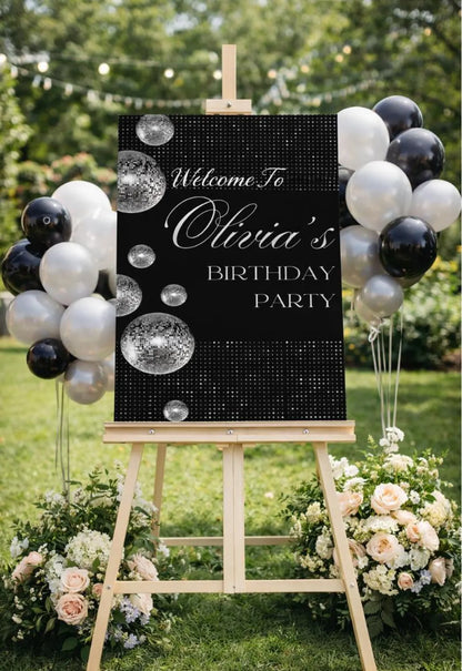 Personalised BIRTHDAY WELCOME SIGN: Custom Silver & Black Glitter Ball Birthday Board