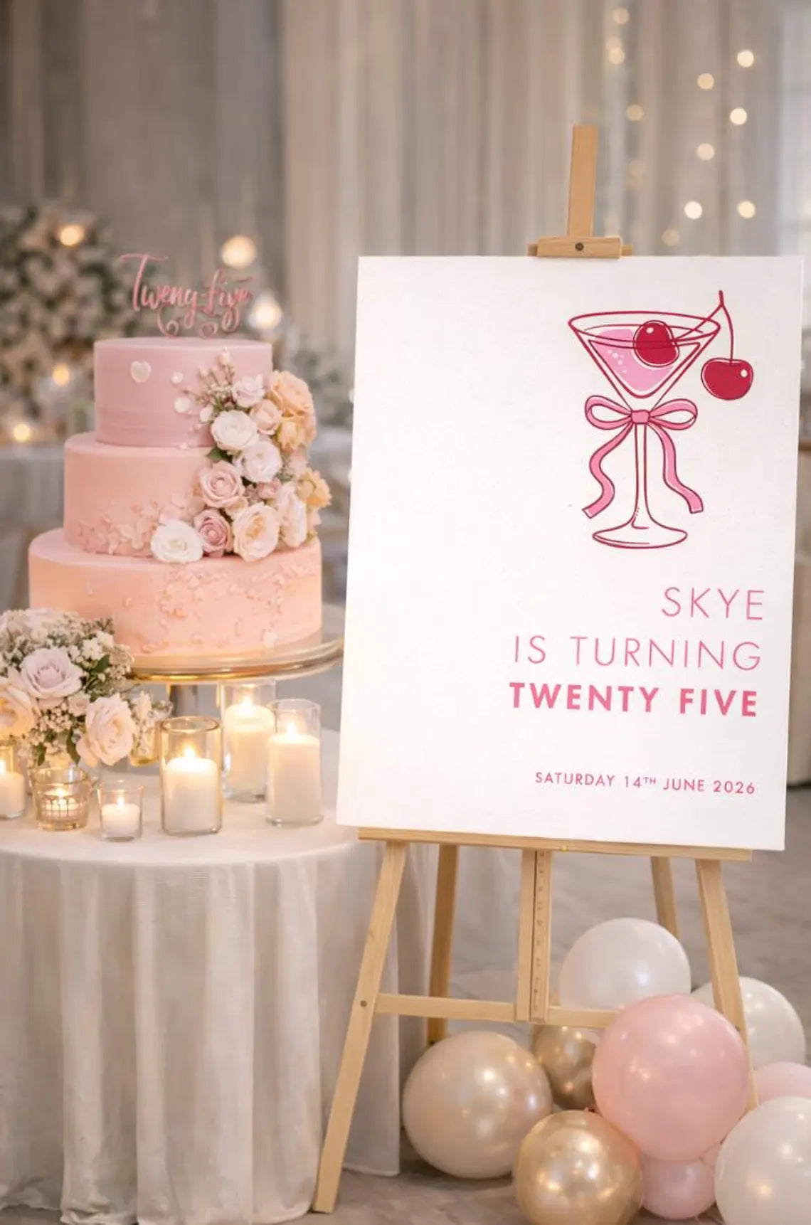 personalised pink martini birthday welcome sign board for milestone party décor
