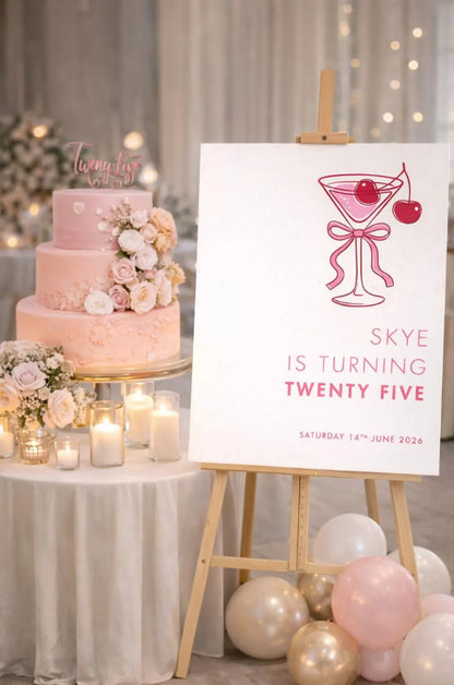 Personalised Pink MARTINI BIRTHDAY WELCOME Sign Board For Milestone Party Décor