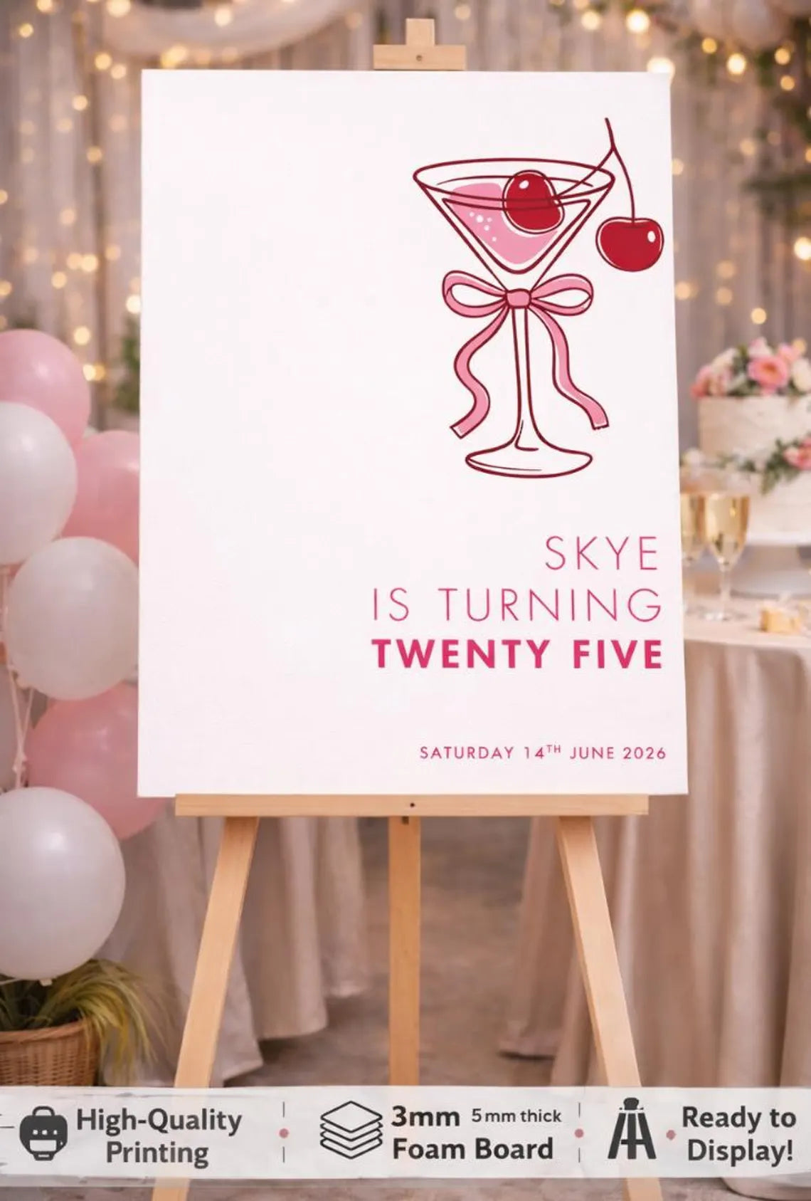 personalised pink martini birthday welcome sign board for milestone party décor