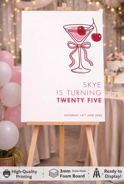 Personalised Pink MARTINI BIRTHDAY WELCOME Sign Board For Milestone Party Décor