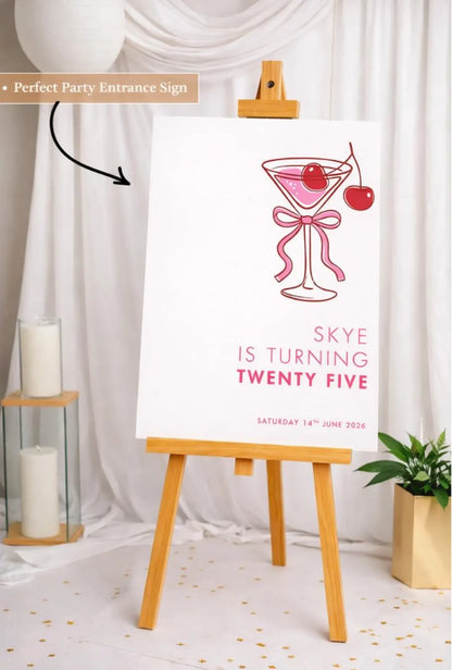 Personalised Pink MARTINI BIRTHDAY WELCOME Sign Board For Milestone Party Décor