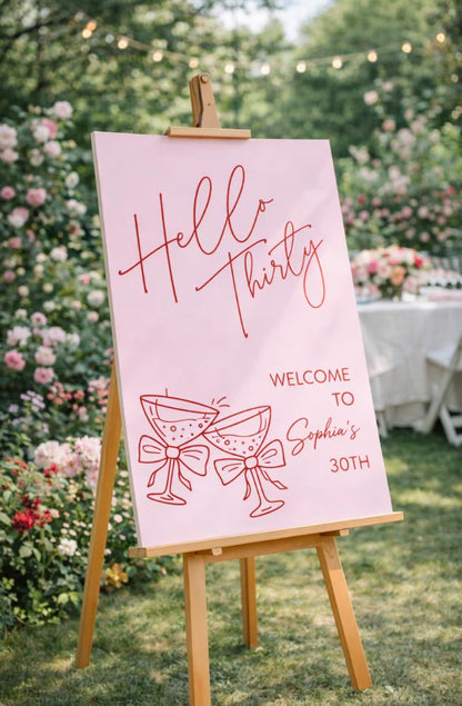 Personalised 30th BIRTHDAY WELCOME SIGN: Custom Pink & Red Foam Board Décor