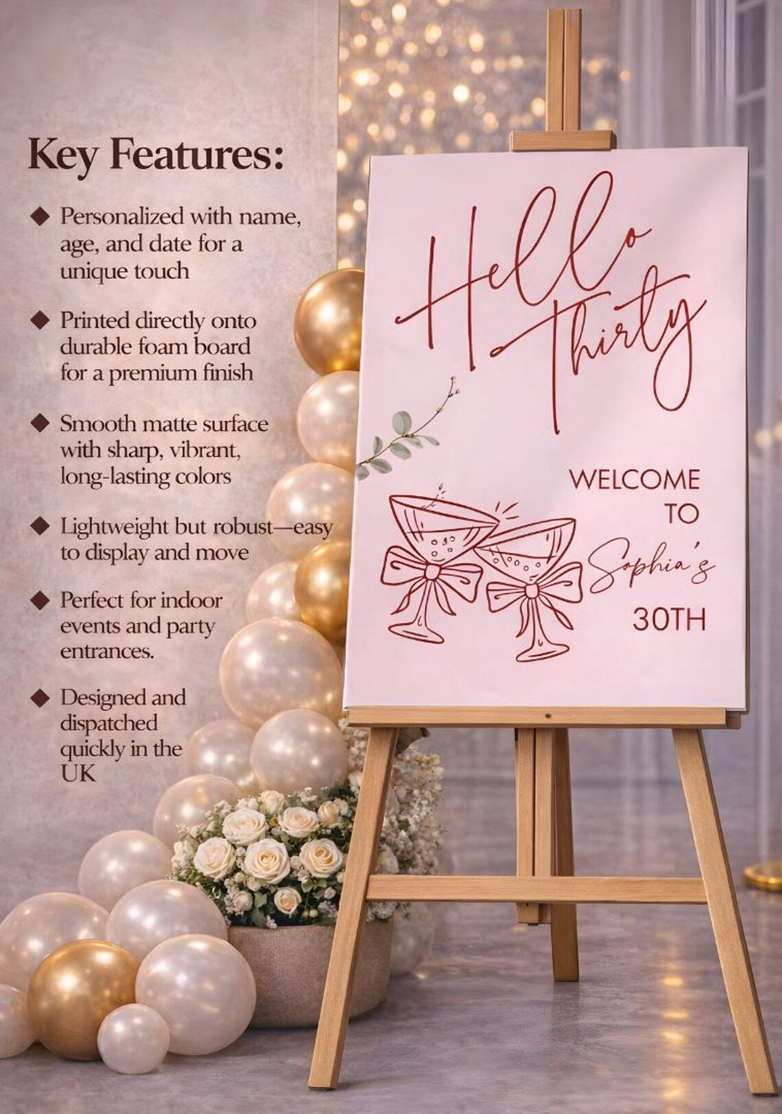 personalised 30th birthday welcome sign: custom pink & red foam board décor