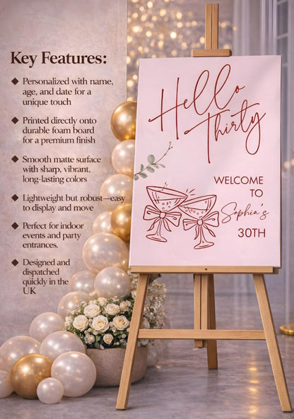 Personalised 30th BIRTHDAY WELCOME SIGN: Custom Pink & Red Foam Board Décor