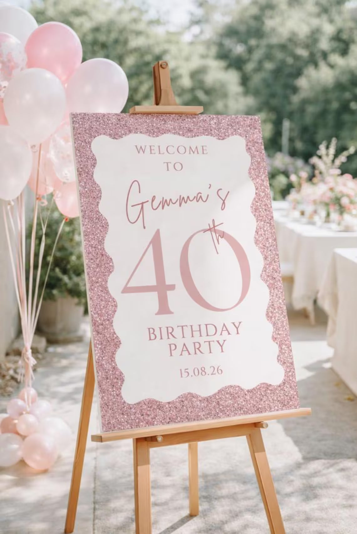 personalised 40th birthday sign: pink glitter welcome board for milestone party décor