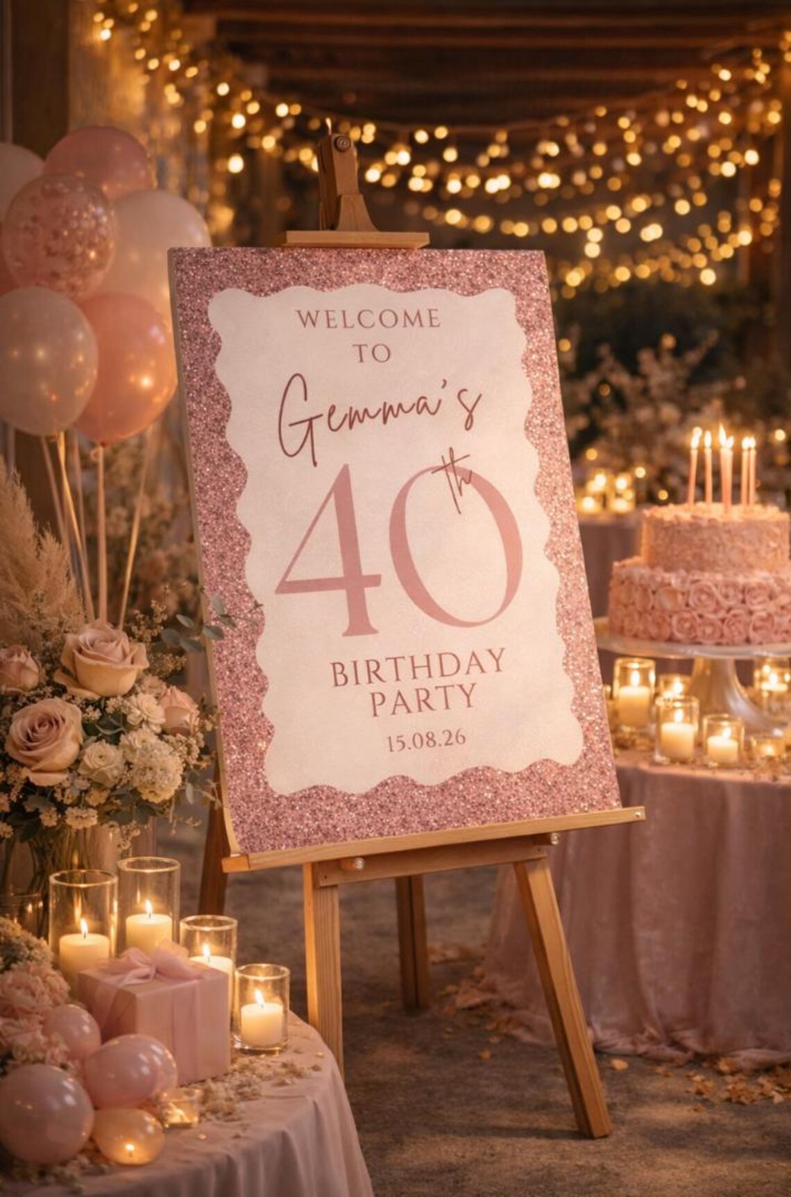 personalised 40th birthday sign: pink glitter welcome board for milestone party décor