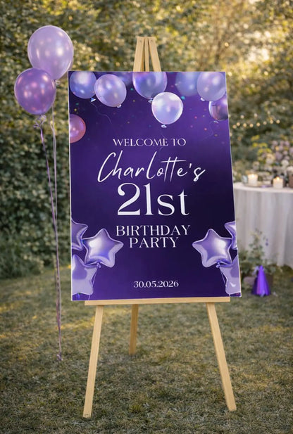 Personalised PURPLE BALLOON BIRTHDAY Welcome Sign: Foam Board Party Entrance Décor