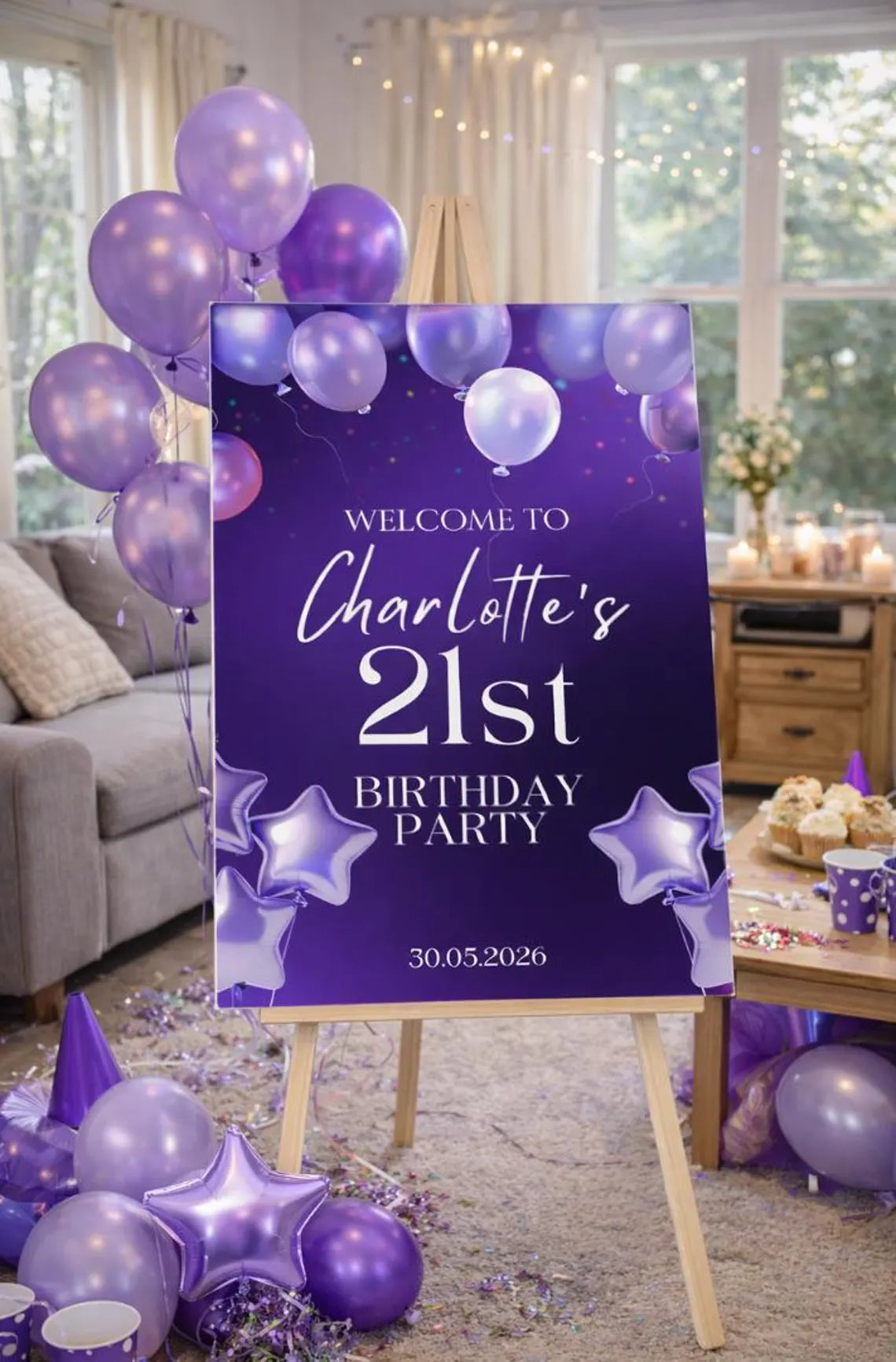 personalised purple balloon birthday welcome sign: foam board party entrance décor