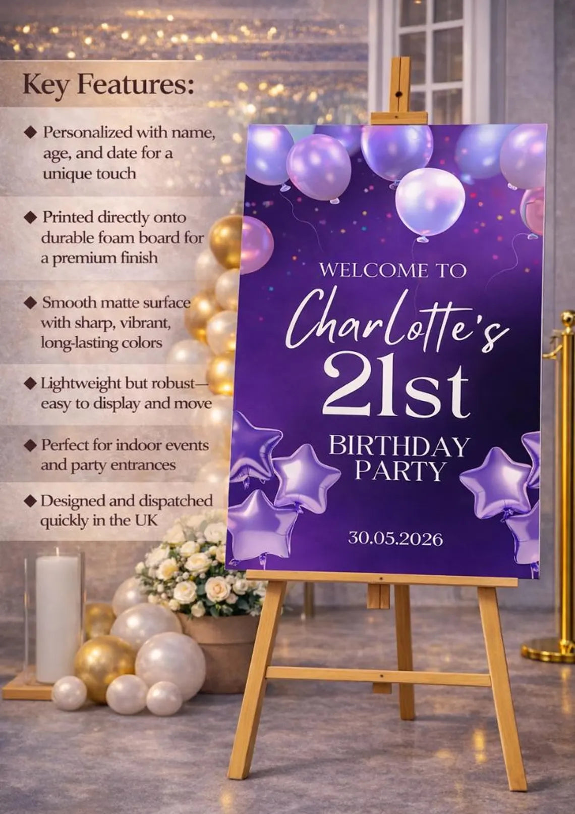 personalised purple balloon birthday welcome sign: foam board party entrance décor