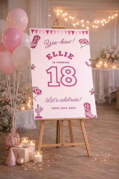 Personalised BIRTHDAY WELCOME SIGN: Pink Cowgirl Foam Board Party Décor