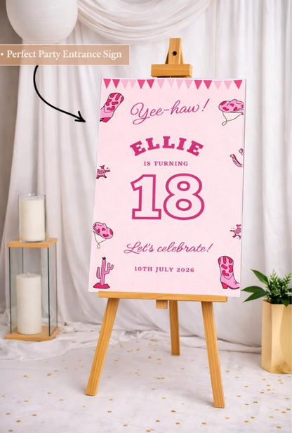 Personalised BIRTHDAY WELCOME SIGN: Pink Cowgirl Foam Board Party Décor