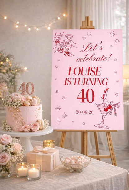 Personalised BIRTHDAY WELCOME SIGN: Pink Red Cocktail Party Foamboard Décor