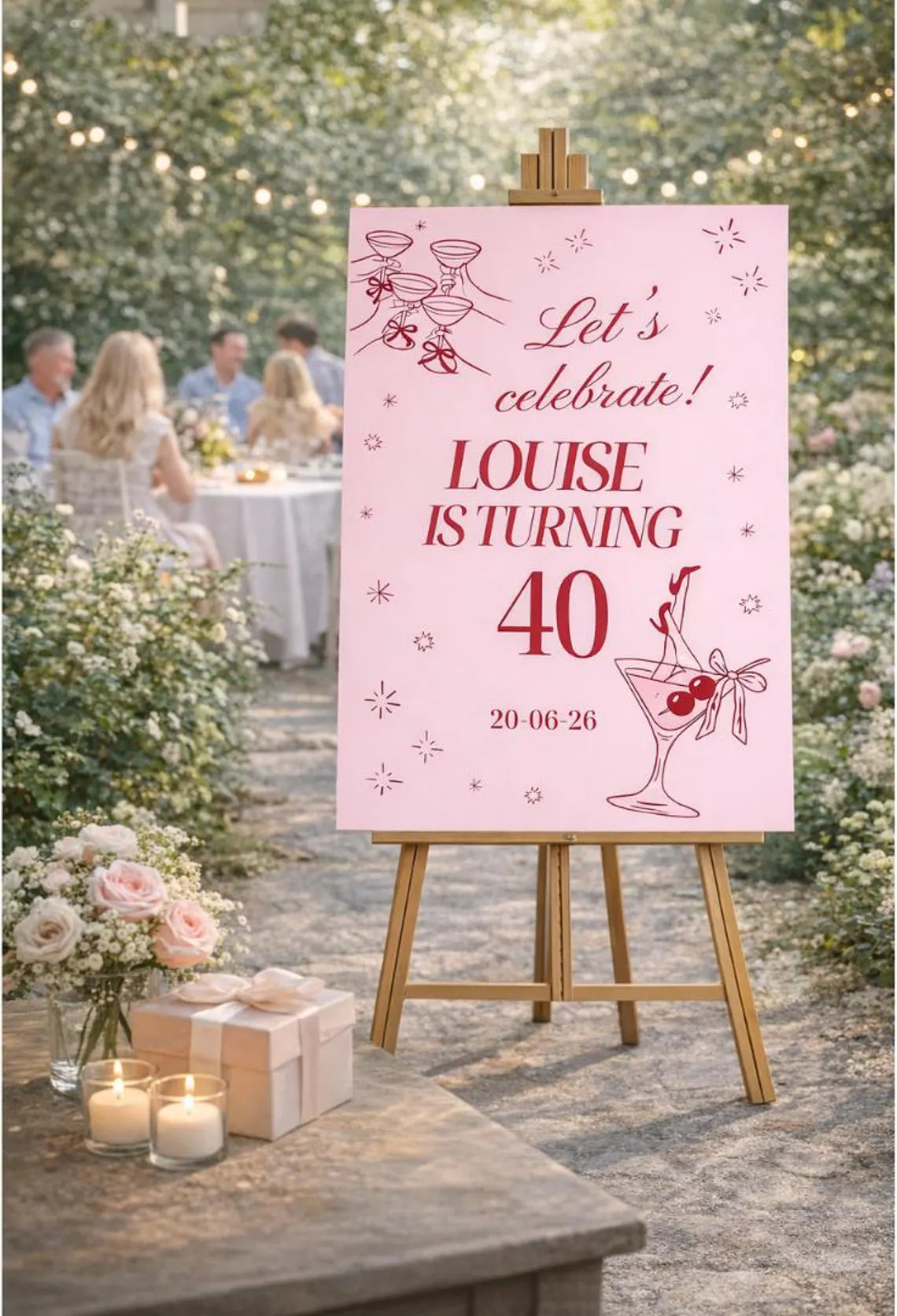 personalised birthday welcome sign: pink red cocktail party foamboard décor
