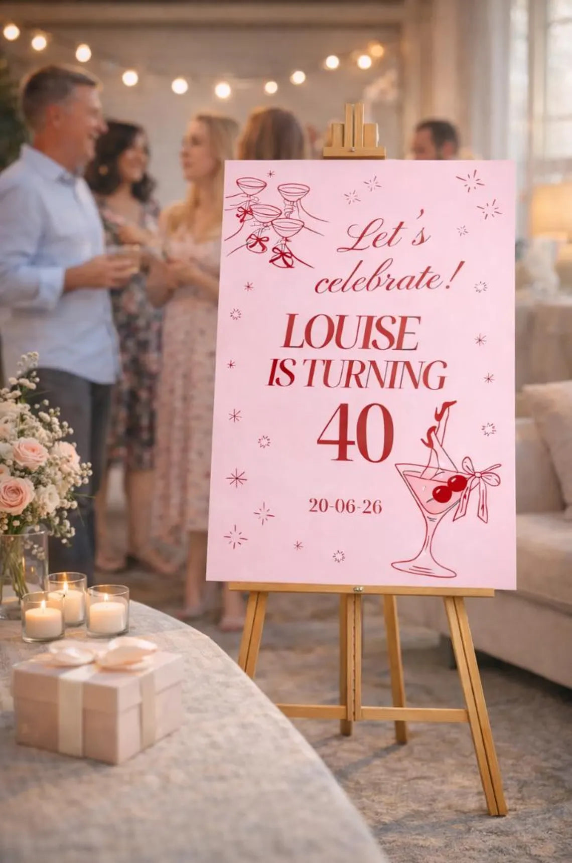 personalised birthday welcome sign: pink red cocktail party foamboard décor