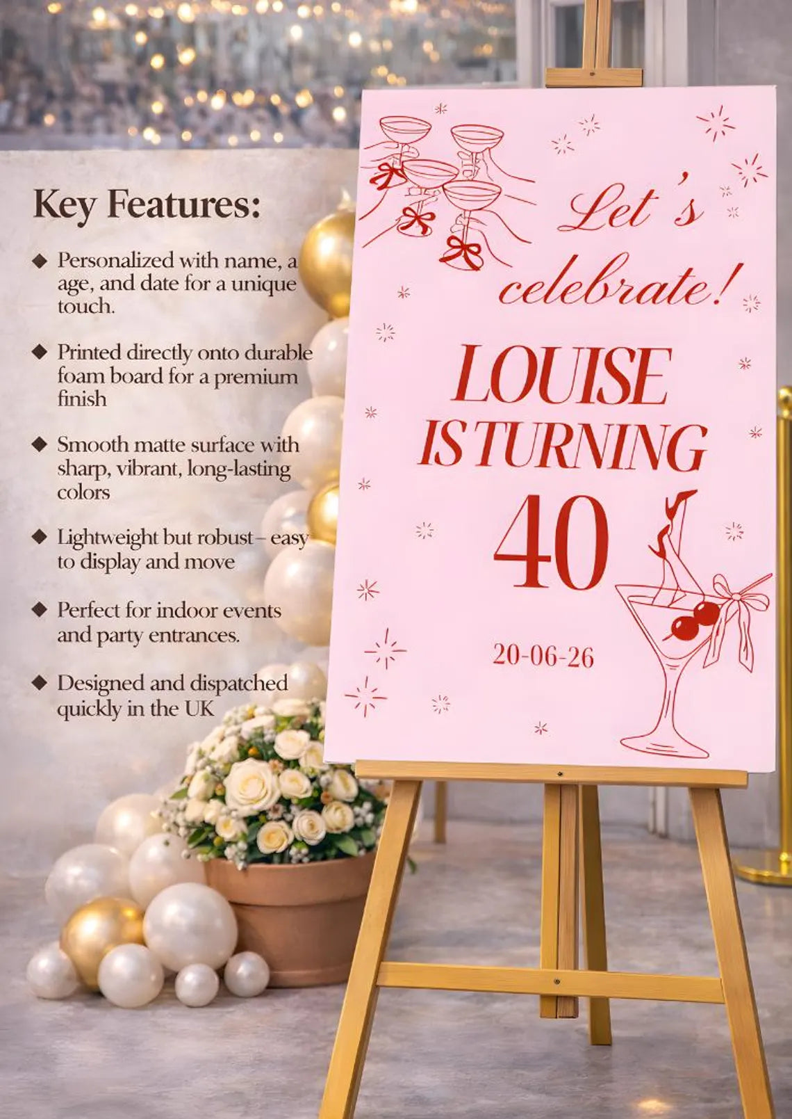 personalised birthday welcome sign: pink red cocktail party foamboard décor