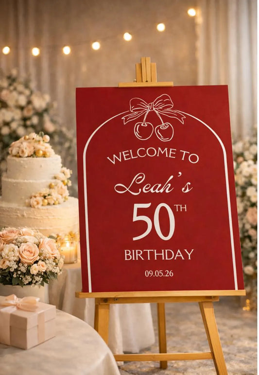 Personalised BIRTHDAY WELCOME SIGN: Red Cherry Party Board For Milestone Celebrations