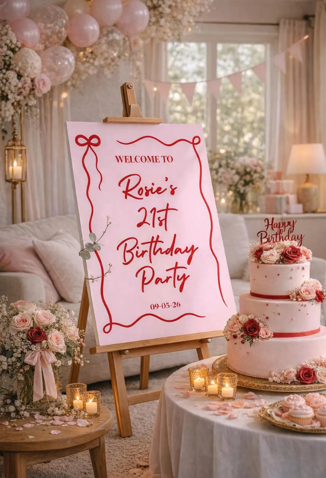 personalised birthday welcome sign – pink & red bow party board – modern bow birthday sign – custom milestone foam board decor