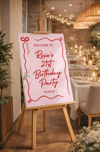 Personalised Birthday Welcome Sign – Pink & Red Bow Party Board – Modern Bow Birthday Sign – Custom Milestone Foam Board Decor