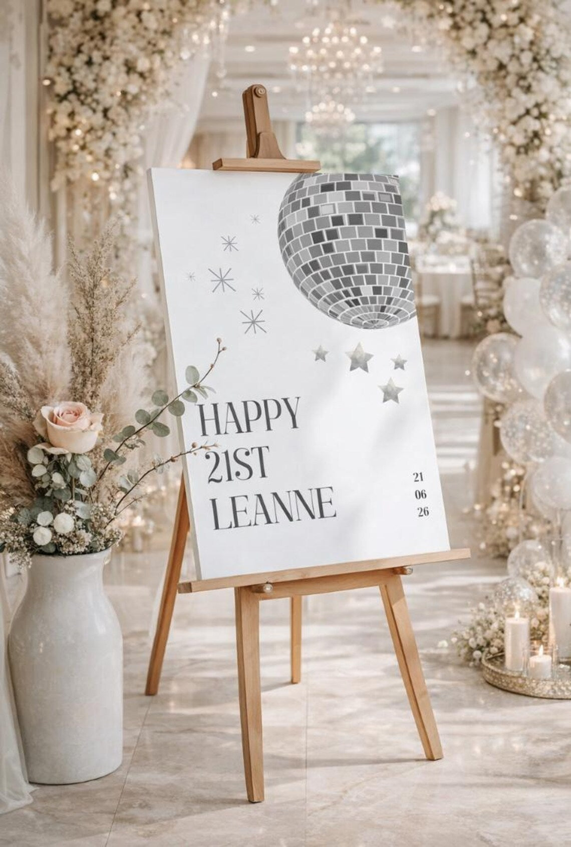 personalised birthday welcome sign: custom birthday board with silver disco ball, indoor printed decoration