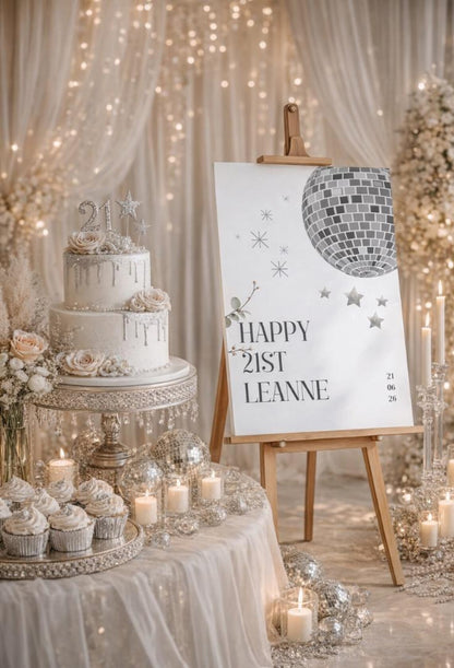 Personalised BIRTHDAY WELCOME SIGN: Custom Birthday Board with silver disco ball, Indoor Printed Decoration