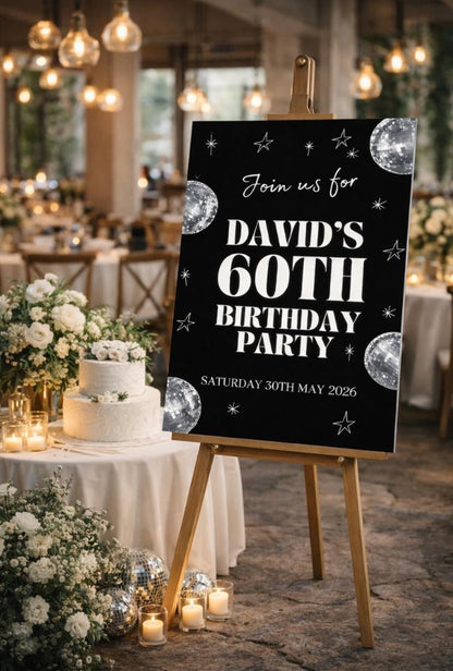 Personalised BIRTHDAY WELCOME SIGN: Disco Ball Party Board – Retro Neon Décor