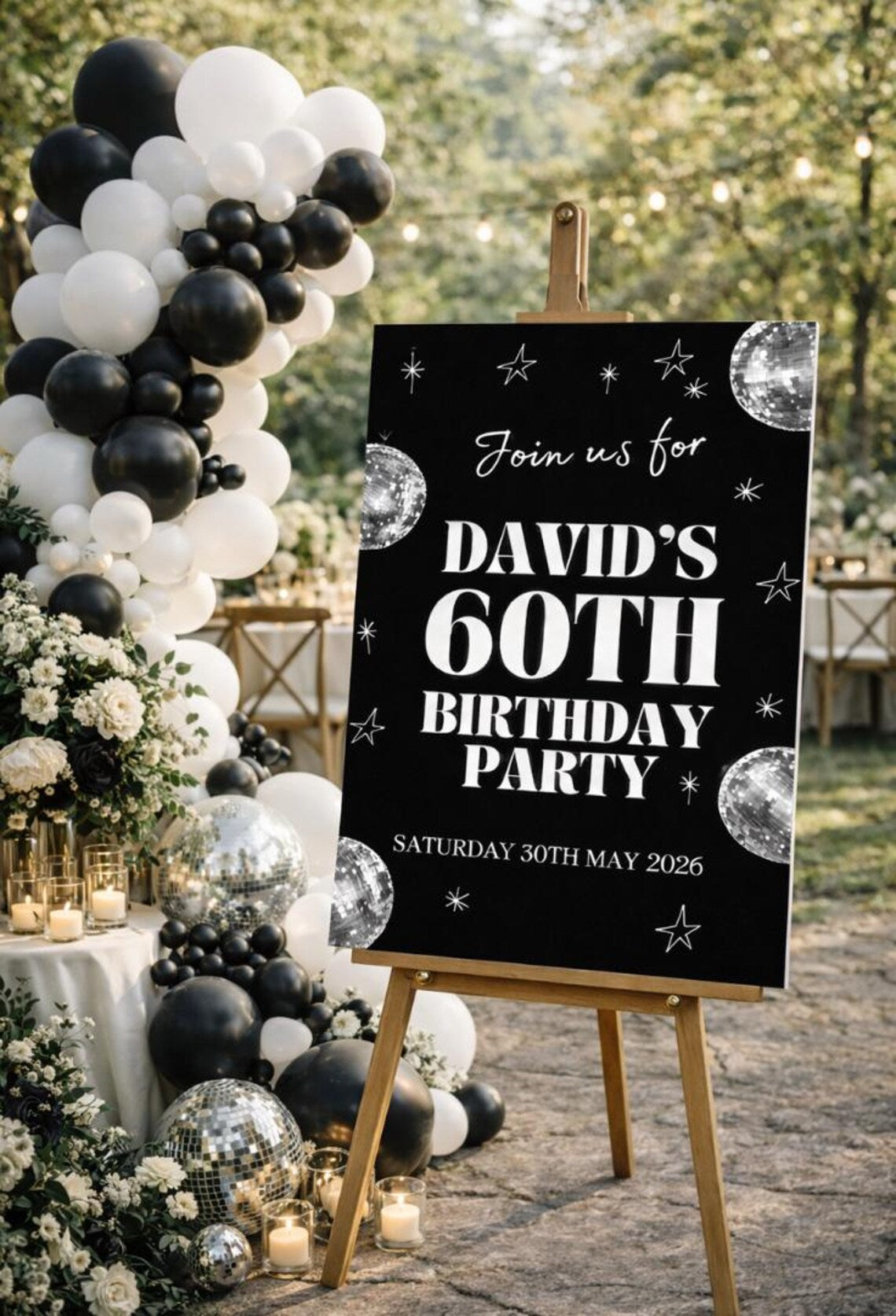 personalised birthday welcome sign: disco ball party board – retro neon décor