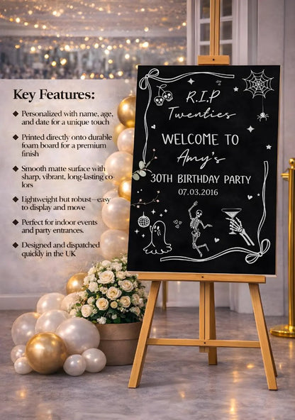 Personalised RIP TWENTIES WELCOME Sign: Custom 30th Birthday Foam Board Party Décor