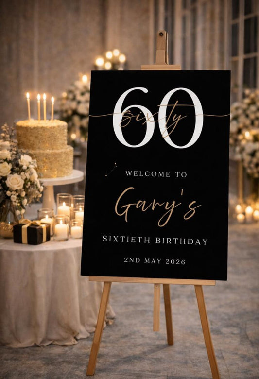 Personalised BIRTHDAY WELCOME SIGN: Custom Milestone Black Birthday Board, Printed Indoor Decoration