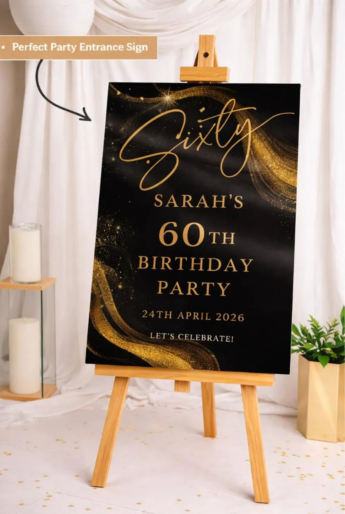 personalised birthday welcome sign: custom milestone black gold glitter birthday board, indoor decoration