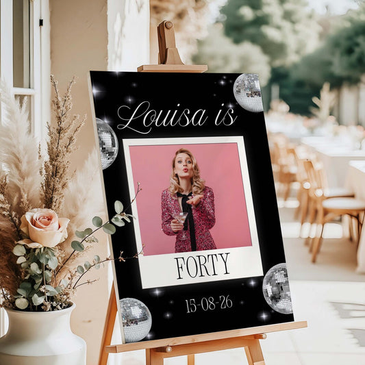 Personalised Polaroid Disco Birthday Welcome Sign with Photo | Custom Photo Birthday Board | Party Entrance Sign | Black & Silver Décor