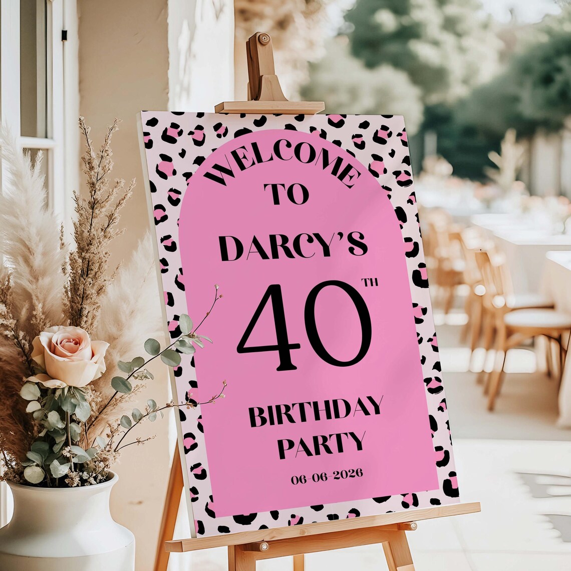 personalised pink leopard print birthday welcome sign | custom name & age sign | modern birthday decor | party entrance sign uk