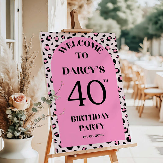 Personalised Pink Leopard Print Birthday Welcome Sign | Custom Name & Age Sign | Modern Birthday Decor | Party Entrance Sign UK