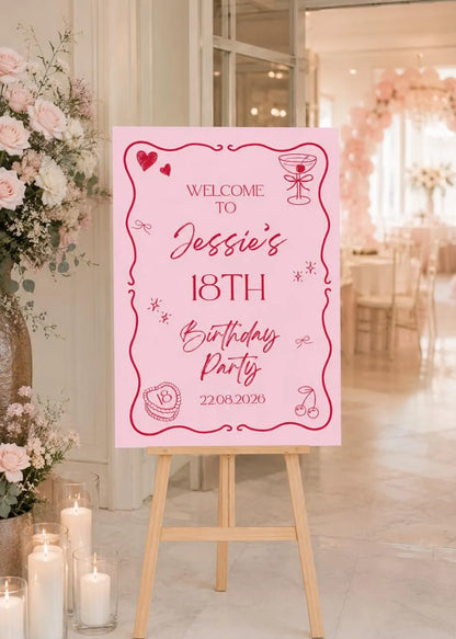 Personalised Birthday Welcome Sign | Pink Birthday Party Sign | Custom Name & Date Board | Girls Milestone Party Decor | Printed Foam Board