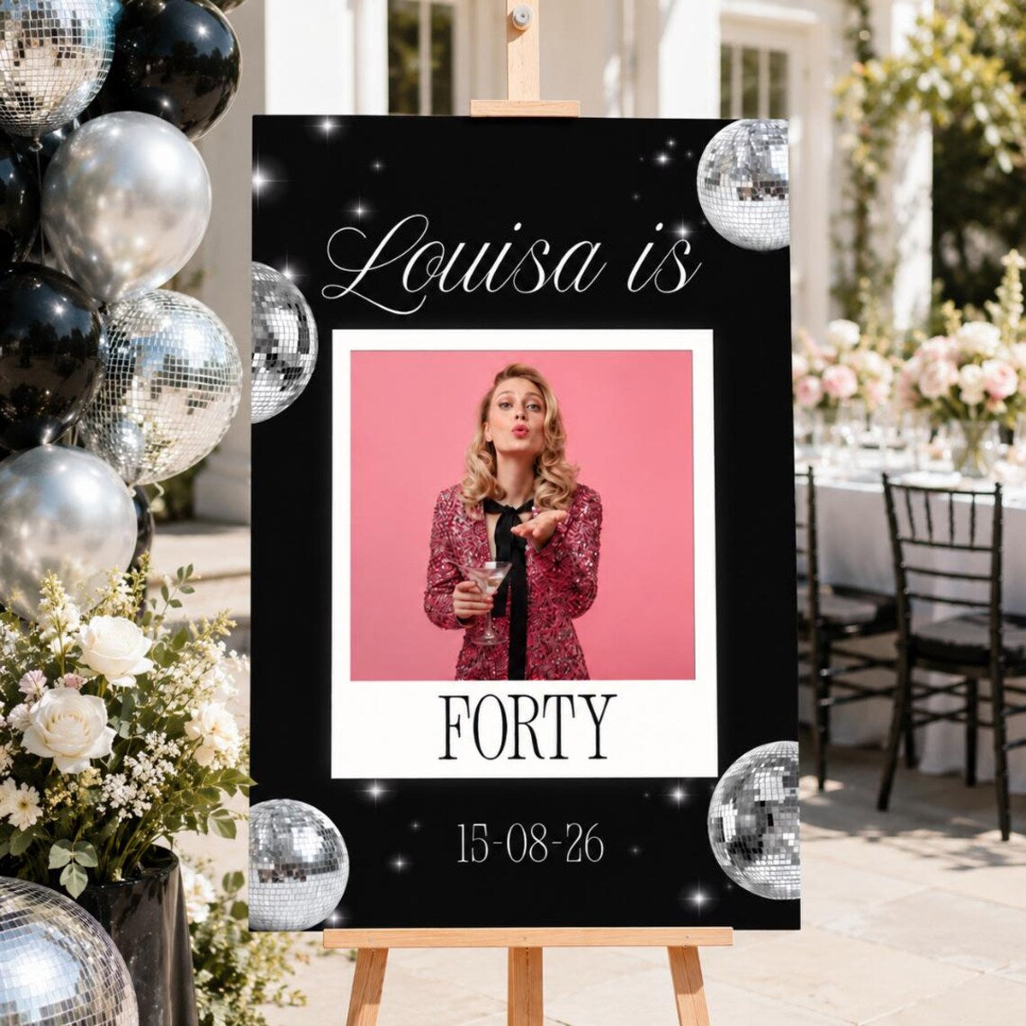 personalised polaroid disco birthday welcome sign with photo | custom photo birthday board | party entrance sign | black & silver décor
