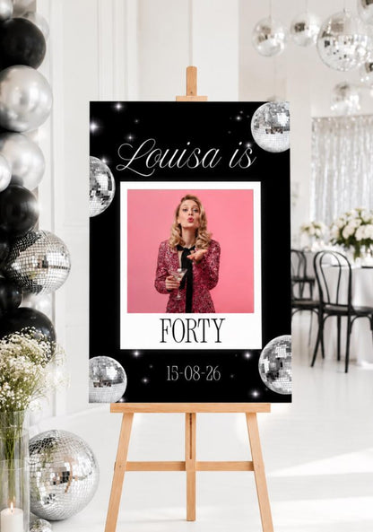 Personalised Polaroid Disco Birthday Welcome Sign with Photo | Custom Photo Birthday Board | Party Entrance Sign | Black & Silver Décor