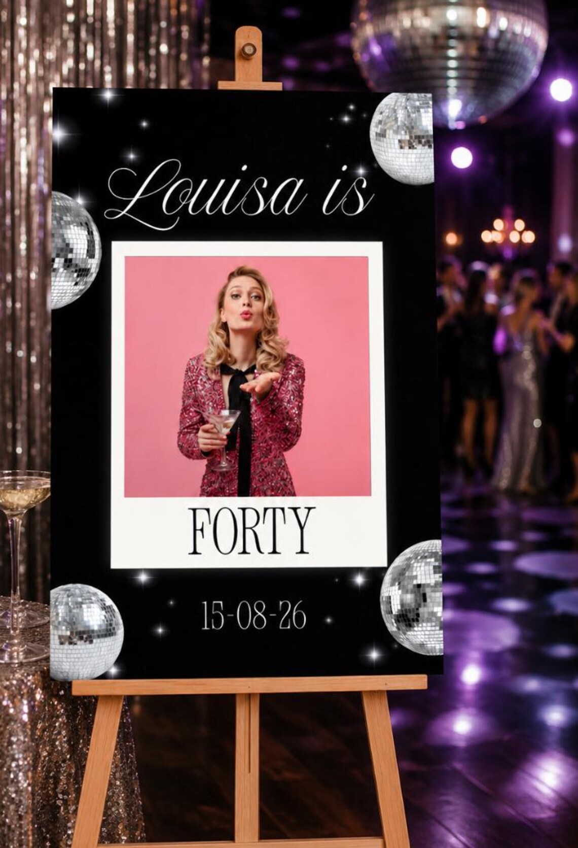personalised polaroid disco birthday welcome sign with photo | custom photo birthday board | party entrance sign | black & silver décor