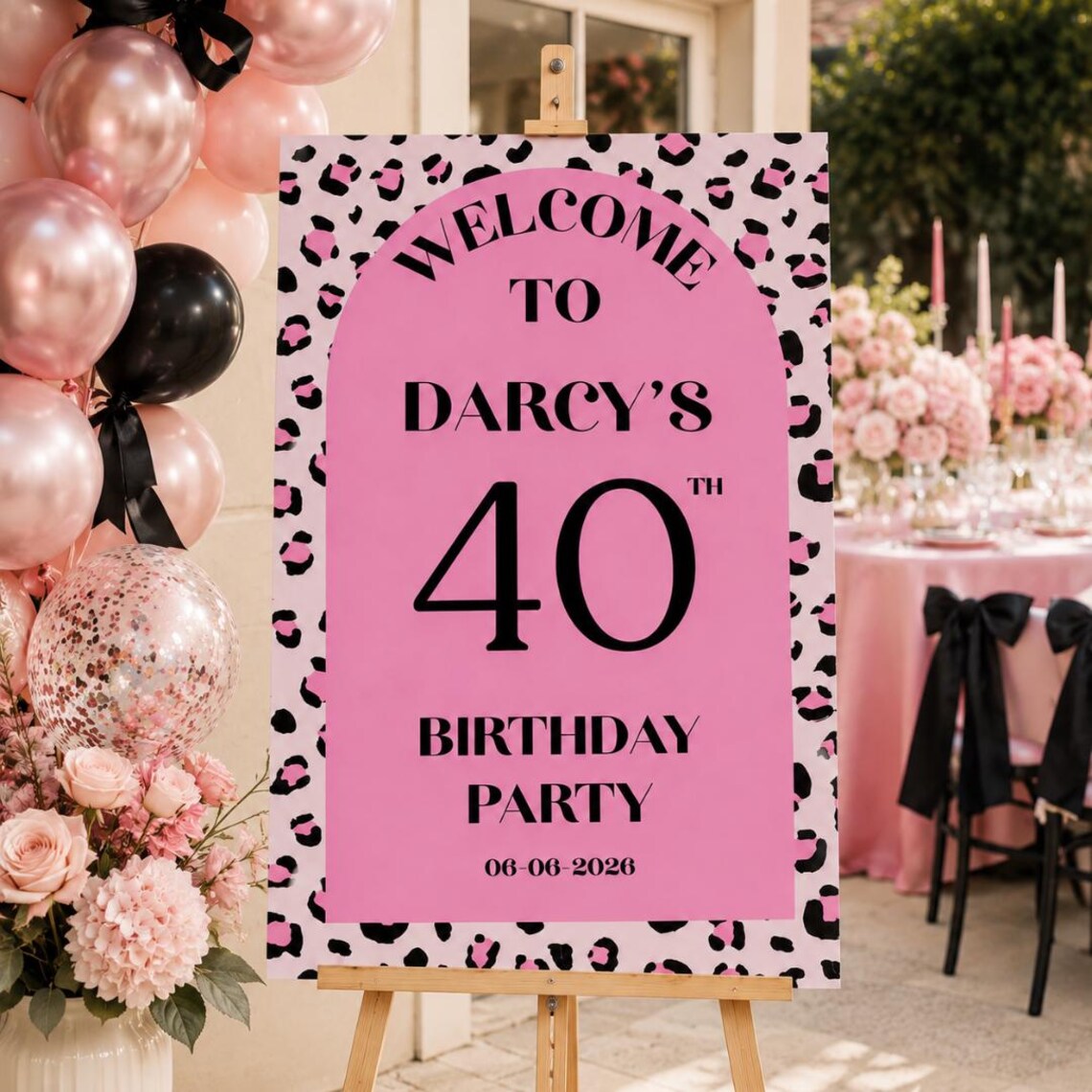 personalised pink leopard print birthday welcome sign | custom name & age sign | modern birthday decor | party entrance sign uk