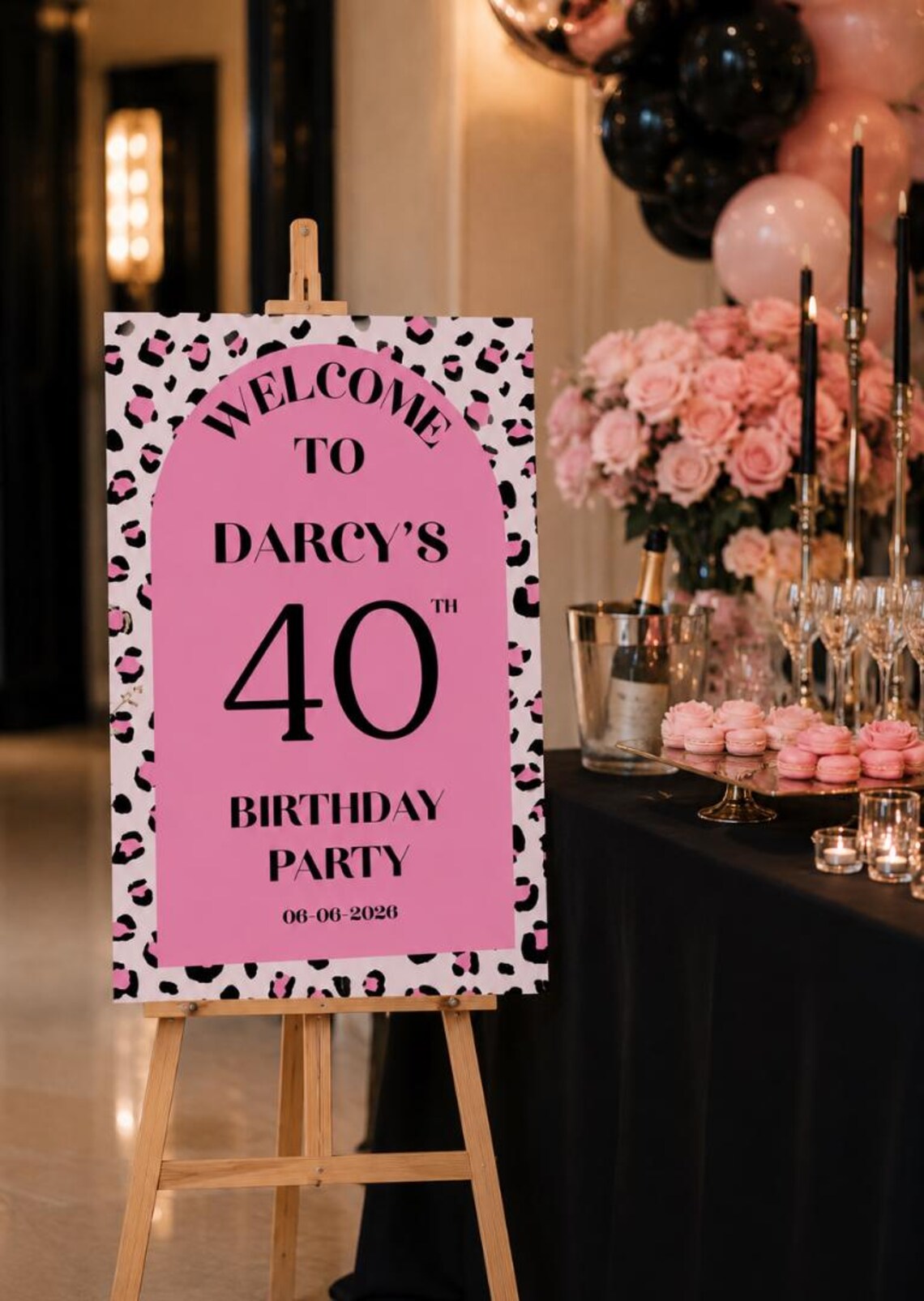 personalised pink leopard print birthday welcome sign | custom name & age sign | modern birthday decor | party entrance sign uk