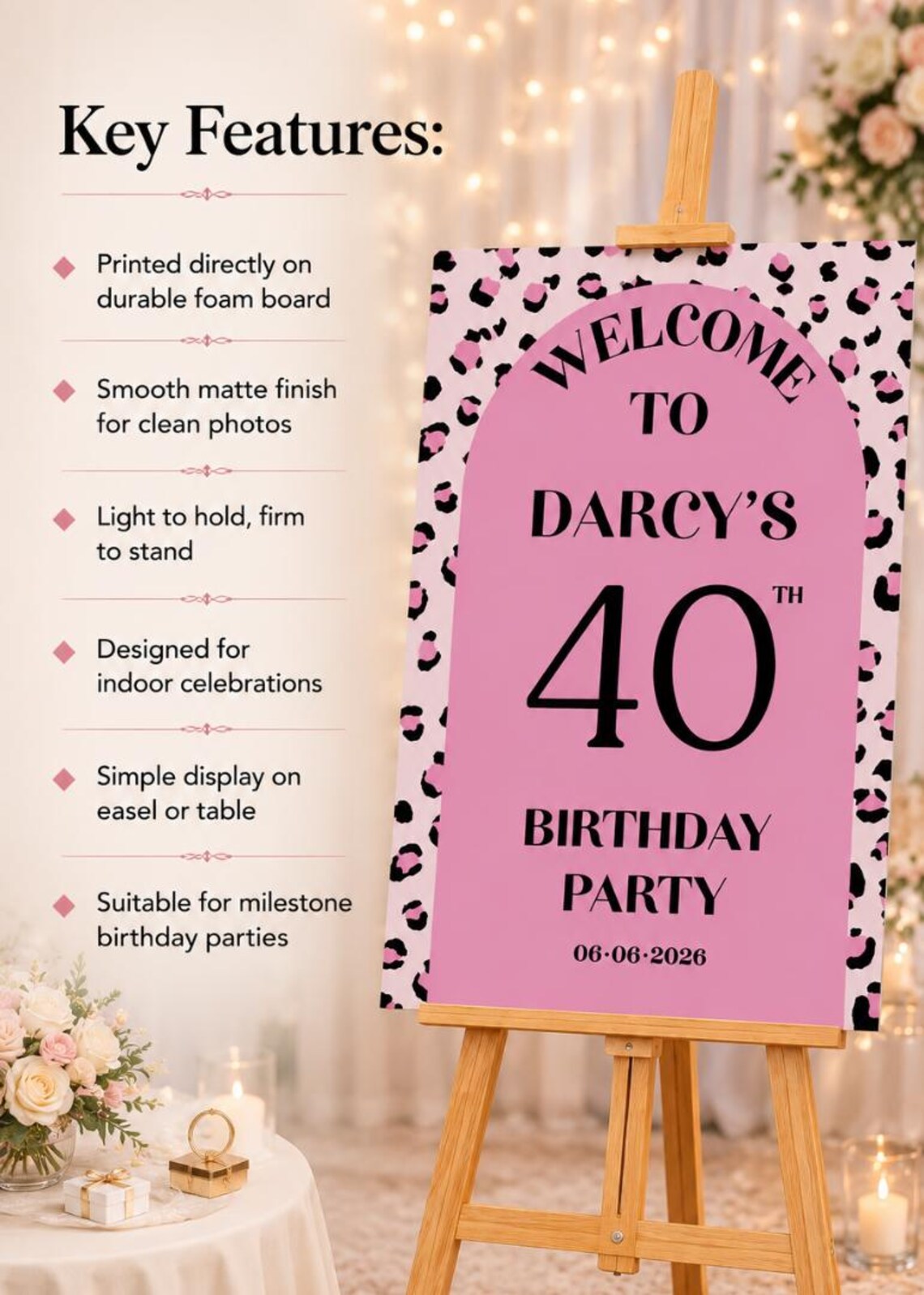 personalised pink leopard print birthday welcome sign | custom name & age sign | modern birthday decor | party entrance sign uk