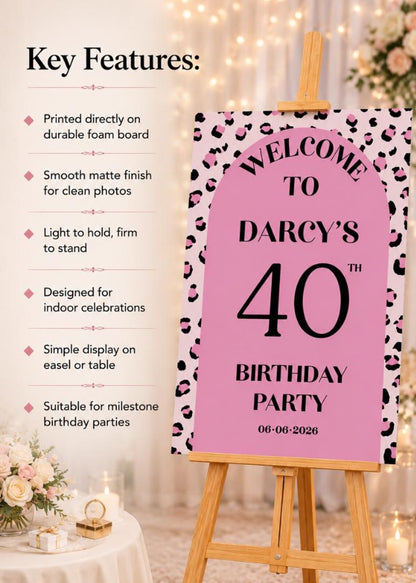 Personalised Pink Leopard Print Birthday Welcome Sign | Custom Name & Age Sign | Modern Birthday Decor | Party Entrance Sign UK