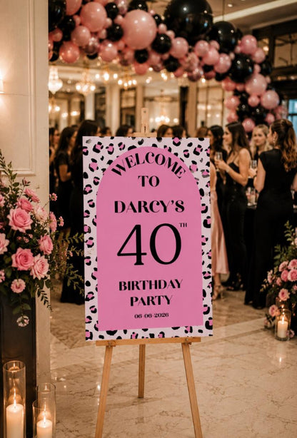 Personalised Pink Leopard Print Birthday Welcome Sign | Custom Name & Age Sign | Modern Birthday Decor | Party Entrance Sign UK