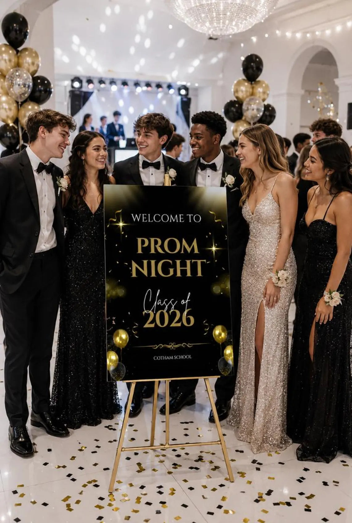 personalised gold & ballon glitter effect prom welcome sign 2026, editable prom night board, elegant school dance entrance sign