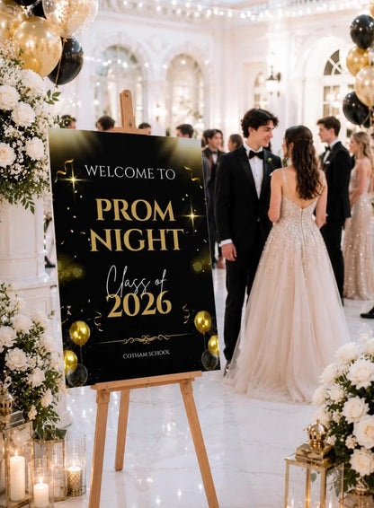 Personalised Gold & Ballon Glitter Effect Prom Welcome Sign 2026, Editable Prom Night Board, Elegant School Dance Entrance Sign
