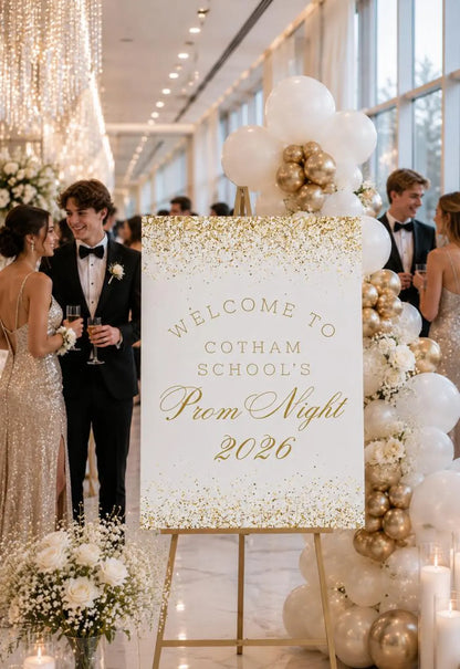 Personalised Gold Glitter Effect Prom Welcome Sign 2026, Editable Prom Night Board, Elegant School Dance Entrance Sign