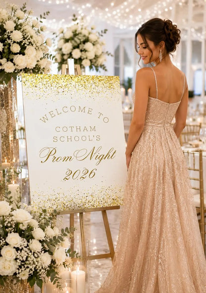 Personalised Gold Glitter Effect Prom Welcome Sign 2026, Editable Prom Night Board, Elegant School Dance Entrance Sign