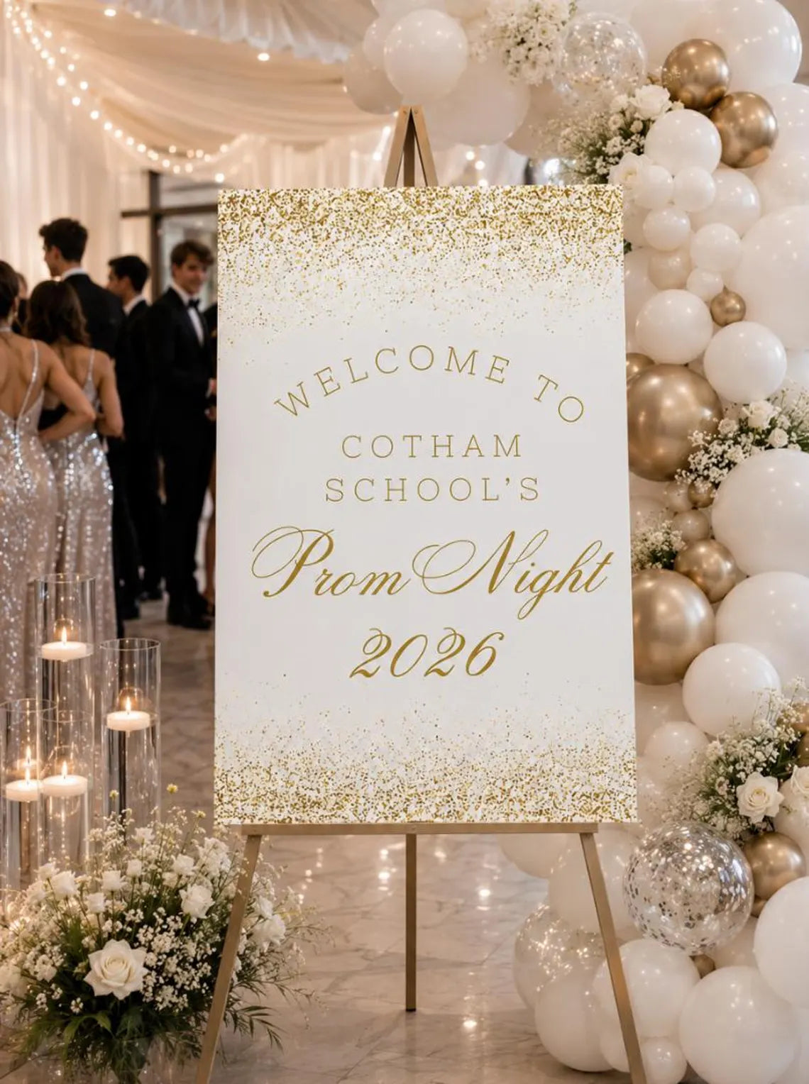 personalised gold glitter effect prom welcome sign 2026, editable prom night board, elegant school dance entrance sign